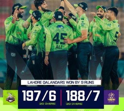 PSL 11: Lahore Qalandars beat Quetta Gladiators by 9 runs 