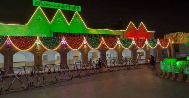 Rawalpindi railway station illuminated in colours of Pakistan, Turkiye and Saudi Arabia